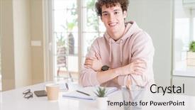  Presentation with student writing - PPT theme having student man writing on notebook background and a lemonade colored foreground