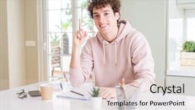  Presentation with student writing teacher - Presentation design consisting of student man writing on notebook background and a lemonade colored foreground