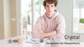  Presentation with student writing teacher - Slide set with student man writing on notebook background and a lemonade colored foreground