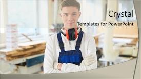  Presentation with woodworking - Cool new presentation design with student manual - content confident handsome young carpenter backdrop and a soft green colored foreground