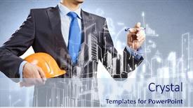  Presentation with money construction - Presentation design enhanced with student money - young man engineer in helmet background and a sky blue colored foreground