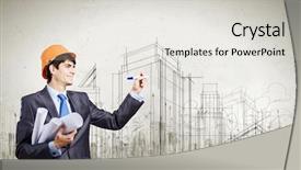  Presentation with engineering drawing tools - Presentation theme featuring student money - young man engineer in helmet background and a light gray colored foreground