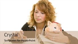  Presentation with piggy bank - Beautiful theme featuring student money - young redheaded woman holding backdrop and a coral colored foreground