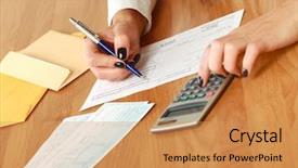  Presentation with retirement calculator - Cool new slide deck with student money - young woman using a calculator backdrop and a coral colored foreground