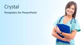  Presentation with medical student - Presentation theme consisting of nursing student - smiling medical doctor with stethoscope background and a white colored foreground