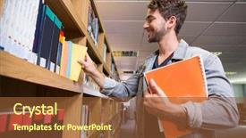 Presentation with university library - Theme having student picking a book from shelf in library at the university background and a tawny brown colored foreground