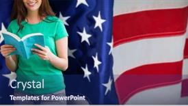  Presentation with stars stripes - Slide set enhanced with student picking a book from shelf in library against flag with stripes and stars background and a navy blue colored foreground