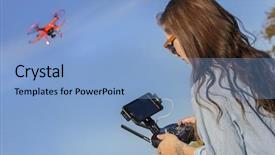  Presentation with drone technology delivery flying - PPT theme enhanced with student pilot - brunette coed flying a drone background and a light blue colored foreground