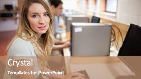  Presentation with computer hardware tools - PPT theme featuring student posing with a computer background and a  colored foreground