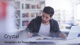  Presentation with online library - Slides featuring student preparing exam and learning background and a light blue colored foreground