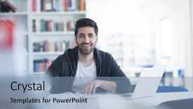  Presentation with library research - Presentation design consisting of student preparing exam and learning background and a light blue colored foreground