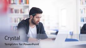  Presentation with library research - Cool new slide deck with student preparing exam and learning backdrop and a light blue colored foreground