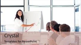  Presentation with sales figures - Theme with student presentasion - brunette businesswoman reporting to sales background and a coral colored foreground