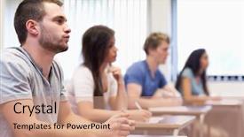  Presentation with behavior management in the classroom - PPT theme consisting of student presentasion - handsome young man listening background and a coral colored foreground
