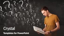  Presentation with question marks - Slide deck with student problem - confused man reading a book background and a dark gray colored foreground