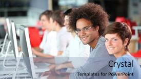  Presentation with course - Theme featuring student project - young adults in training course background and a light blue colored foreground