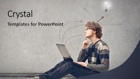  Presentation with project - Slide deck enhanced with student project - young man with laptop has background and a light gray colored foreground