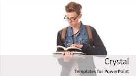  Presentation with college orientation empty classic book - Slides having student reading - portrait of college nerd background and a light gray colored foreground