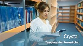  Presentation with book - Amazing presentation theme having student reading book at bookshelf backdrop and a teal colored foreground