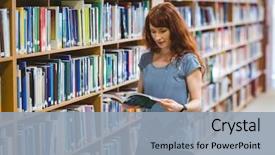  Presentation with university library - PPT theme having student reading book in library background and a light blue colored foreground