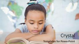  Presentation with elementary school female career day technology - Slide set with student reading from a school background and a coral colored foreground
