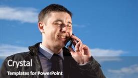  Presentation with blue and yellow phone - Beautiful presentation theme featuring student satellite - man on mobile phone backdrop and a  colored foreground