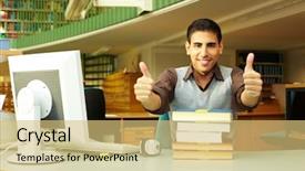  Presentation with desk - PPT theme enhanced with man with tablet computer reading news at motning in cafe shop note shallow depth of field background and a light gray colored foreground