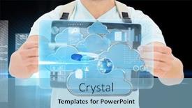  Presentation with hologram - Beautiful slide deck featuring student showing tablet against hologram on black background backdrop and a light blue colored foreground