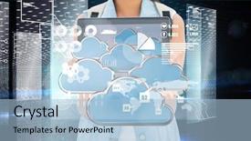  Presentation with hologram - Audience pleasing slide set consisting of student showing tablet pc against hologram on futuristic background backdrop and a light blue colored foreground