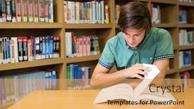  Presentation with university library - Amazing slide set having student-sitting-in-library-reading backdrop and a yellow colored foreground