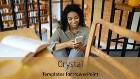  Presentation with library - Presentation design with student-sitting-on-the-floor background and a gold colored foreground