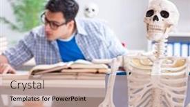  Presentation with listening - Presentation design with student-skeleton-listening-to-lecture background and a soft green colored foreground