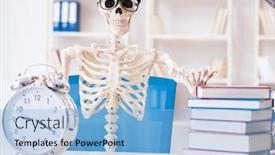  Presentation with skeleton - Colorful presentation theme enhanced with student-skeleton-preparing-for-exams backdrop and a light blue colored foreground