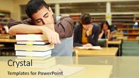  Presentation with university library - Presentation theme featuring student sleeping in reading room background and a blonde colored foreground