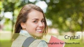  Presentation with college campus - Presentation with student smiling at camera carrying background and a yellow colored foreground