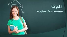  Presentation with library - Slide set having student smiling at camera in library against teal background and a ocean colored foreground