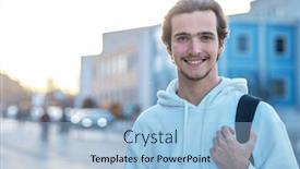  Presentation with university building - PPT theme consisting of student-smiling-while-standing background and a light blue colored foreground