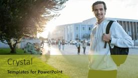  Presentation with university building - Slide deck with student-smiling-while-standing background and a gold colored foreground