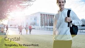  Presentation with university building - Slide deck with student-smiling-while-standing background and a yellow colored foreground