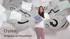  Presentation with cutout paper people standing around globe holding hands - Colorful presentation theme enhanced with student standing holding a folder backdrop and a  colored foreground