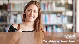  Presentation with female college student for health check up - Cool new slide deck with student standing in college library backdrop and a coral colored foreground