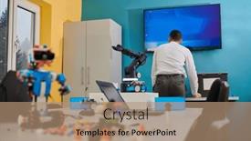  Presentation with robotic arm - Presentation theme featuring student-testing-his-new-invention background and a coral colored foreground