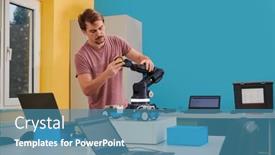 Presentation with robotic arm - PPT layouts with student-testing-his-new-invention background and a teal colored foreground