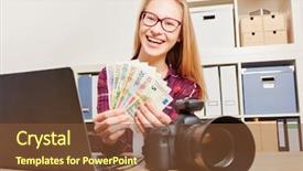  Presentation with money transfer - Beautiful PPT theme featuring student transfer - successful woman with camera backdrop and a tawny brown colored foreground