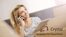  Presentation with transfer - PPT theme featuring student transfer - woman doing a phone call background and a  colored foreground