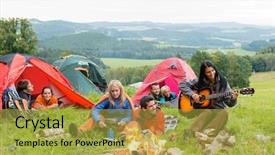  Presentation with listening - PPT layouts having mountain fire - campers in tents listening background and a yellow colored foreground