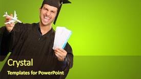  Presentation with green officebuilding man - Amazing presentation theme having students travelling - graduate man holding miniature airplane backdrop and a  colored foreground