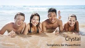  Presentation with fun - Colorful presentation theme enhanced with heatwave - group of young people having backdrop and a  colored foreground