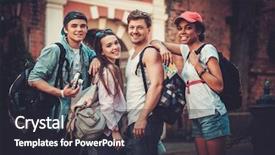  Presentation with tourists - Slide deck enhanced with international students - multiracial friends tourists making selfie background and a dark gray colored foreground
