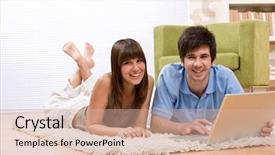  Presentation with carpet - Colorful presentation theme enhanced with student - two teenager with laptop in living room lying down on carpet backdrop and a coral colored foreground